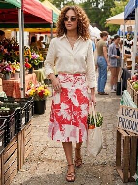 Vintage East Germany DDR VEB Rockmoden Graphic Floral Midi Skirt Cotton Blend
